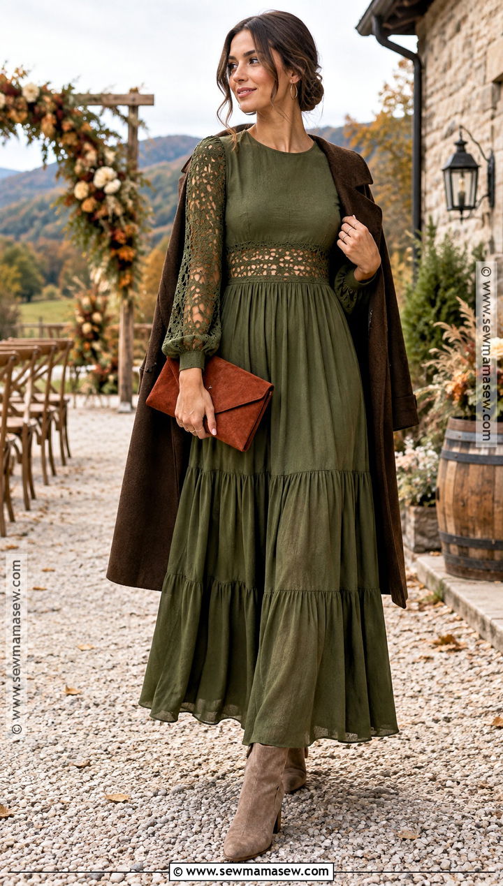 Olive Crochet Detail Dress With Nude Boots - 15 boho wedding guest dress fall ideas