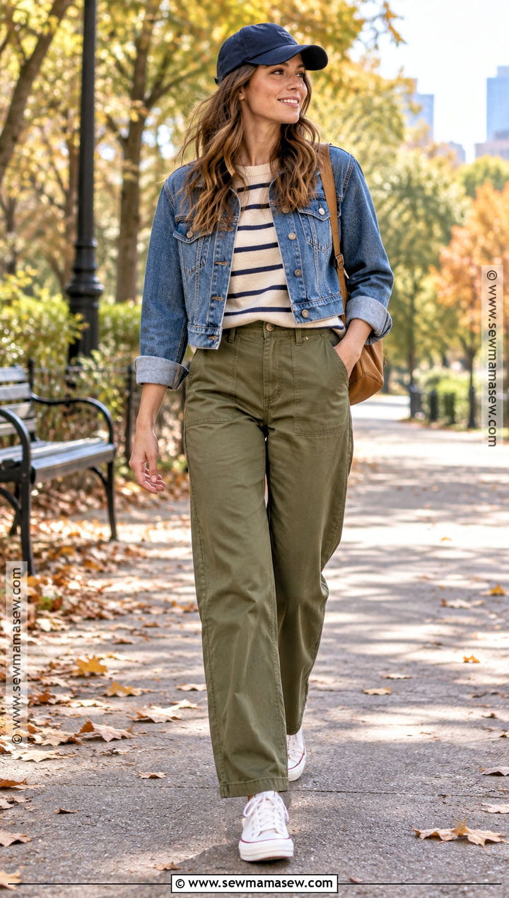 Olive Dickies Pants With Striped Shirt And Denim Jacket - 15 Dickies Pants Outfits Women Fall