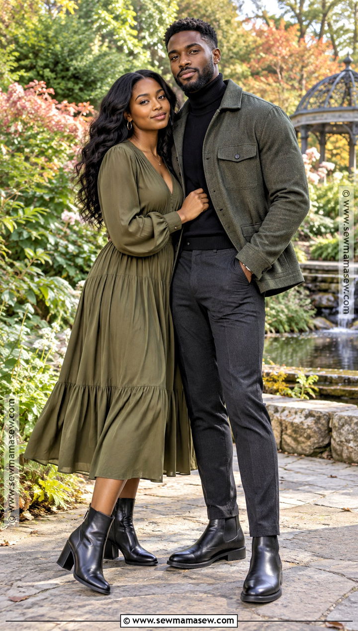 Olive Dress And Black Turtleneck Fall Couples Outfit - 15 black couples fall photoshoot outfits
