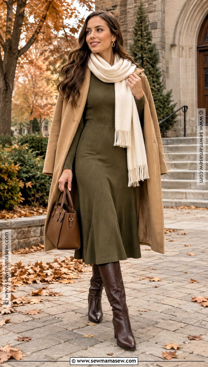 Olive Dress And Brown Boots Church Outfit - 25 fall church outfits for women