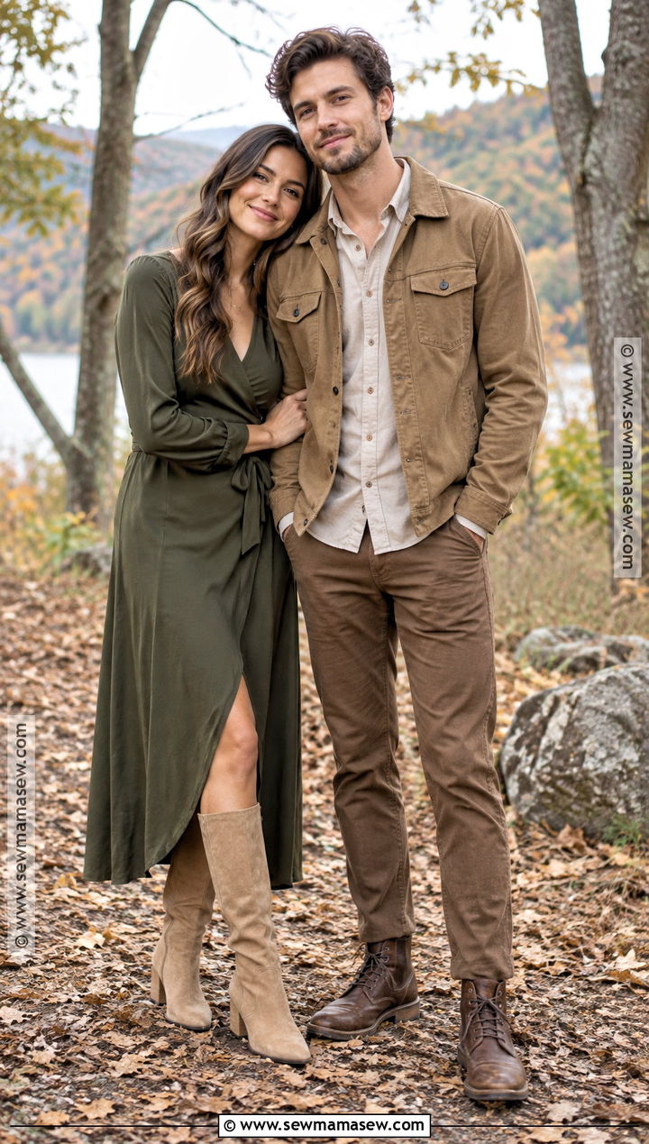 Olive Dress And Tan Jacket Fall Couples Photoshoot Outfit - 20 Fall Couples Photoshoot Outfits Neutral