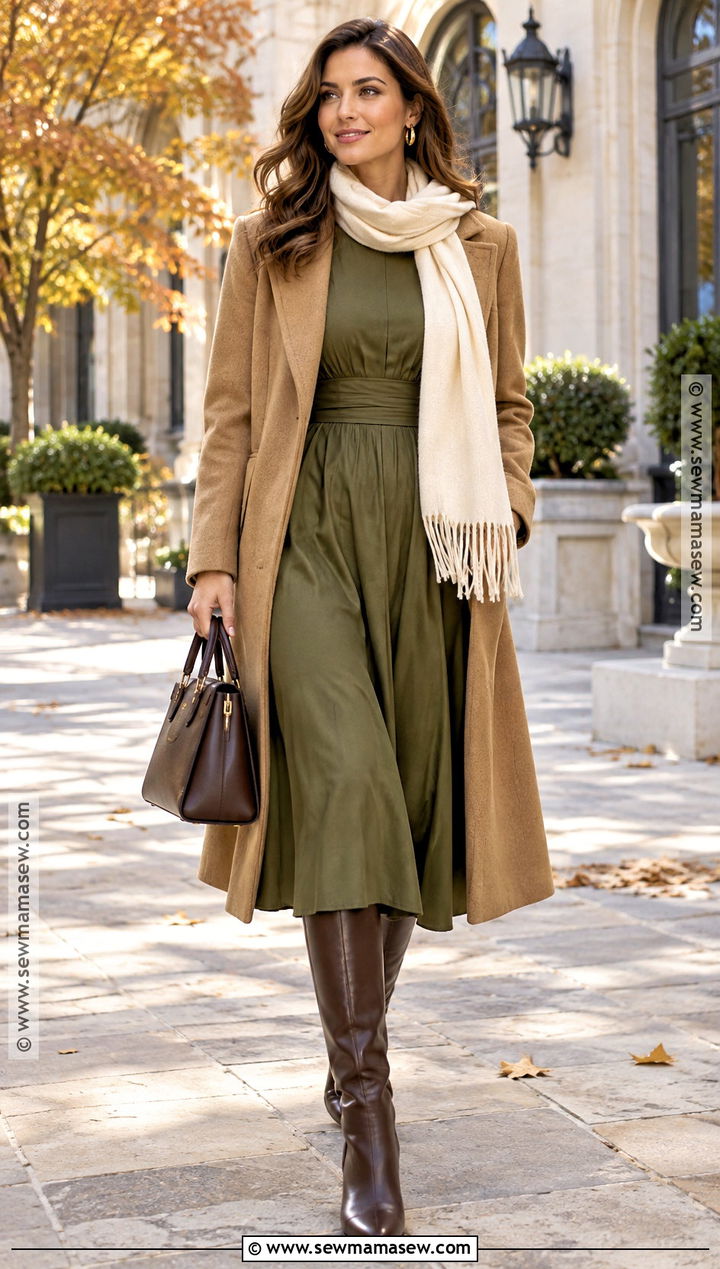Olive Dress With Chocolate Accessories - 20 formal autumn outfit ideas