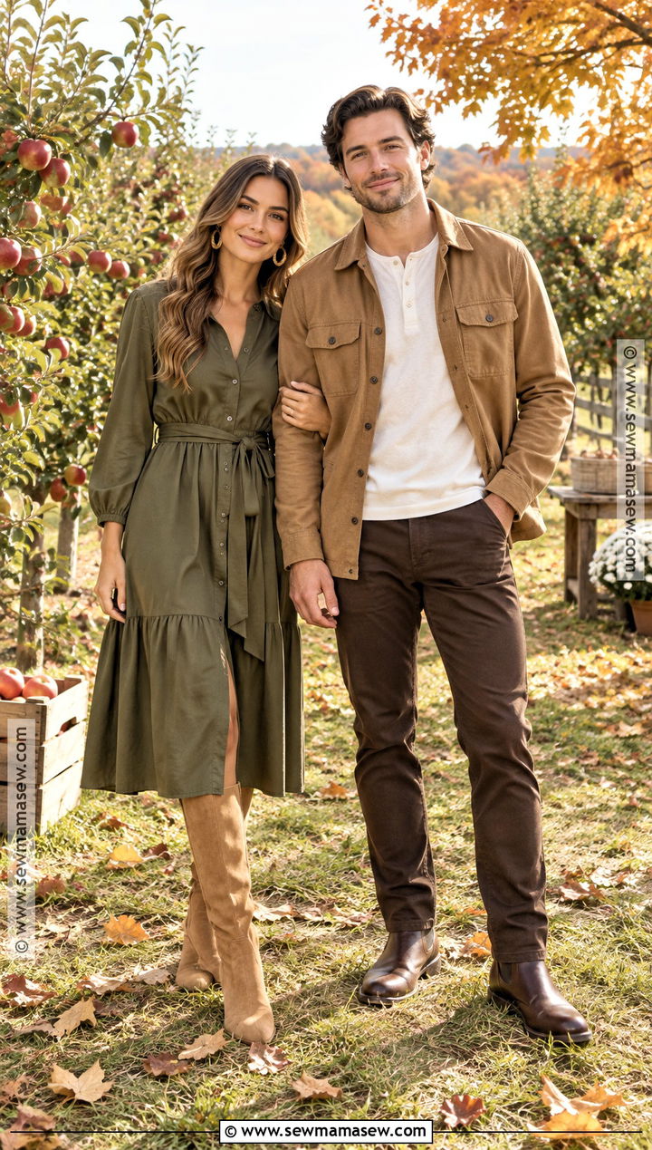 Olive Dress and Camel Overshirt Fall Couple Outfit - 15 Fall Photos Couples Outfits