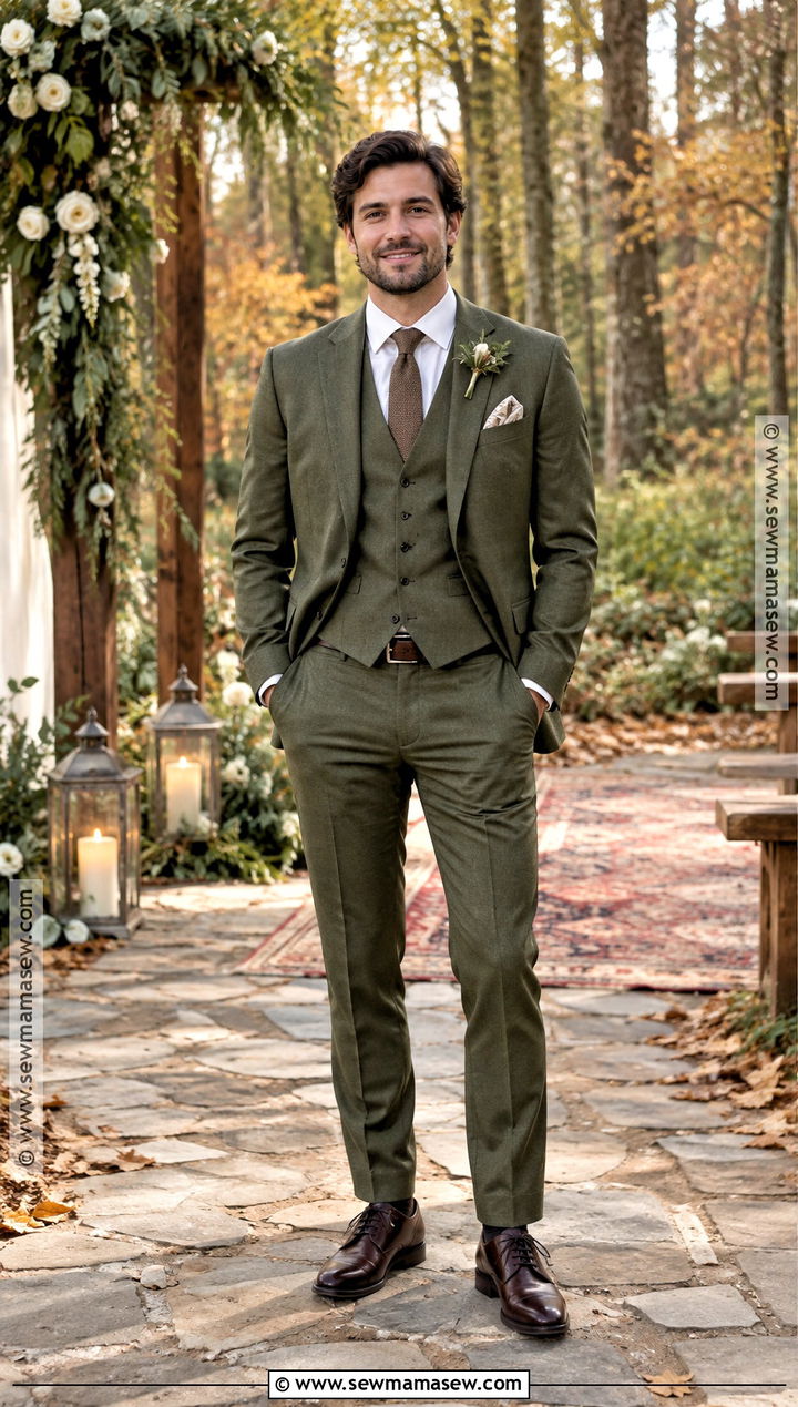 Olive Fall Groom Suit With Knit Tie - 15 fall groom outfit ideas