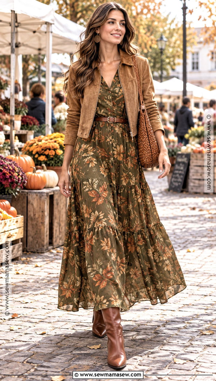 Olive Fall Leaves Maxi Dress With Suede Jacket - 20 fall leaves dress ideas