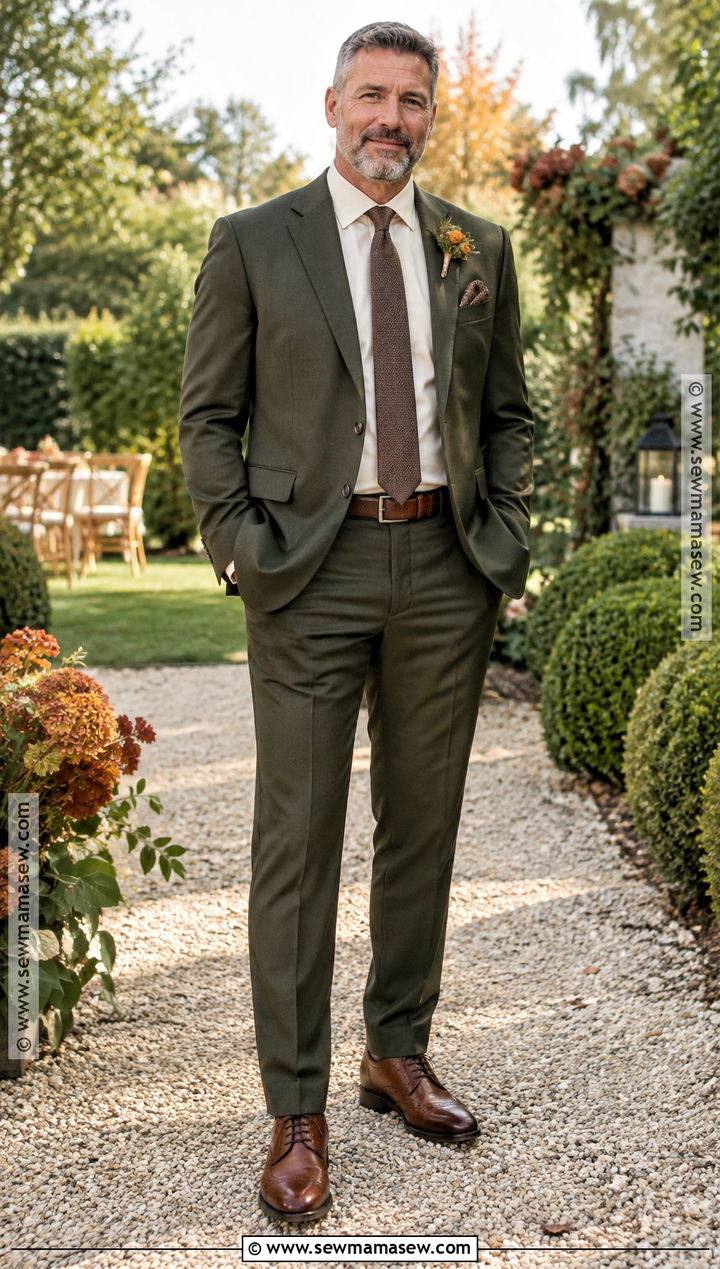 Olive Father Of The Bride Suit With Cream Shirt - 15 Father Of The Bride Attire Fall Wedding Ideas