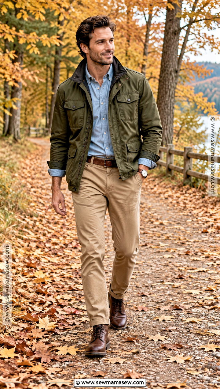 Olive Field Jacket With Chambray Shirt And Chinos - 15 engagement photos outfits men fall