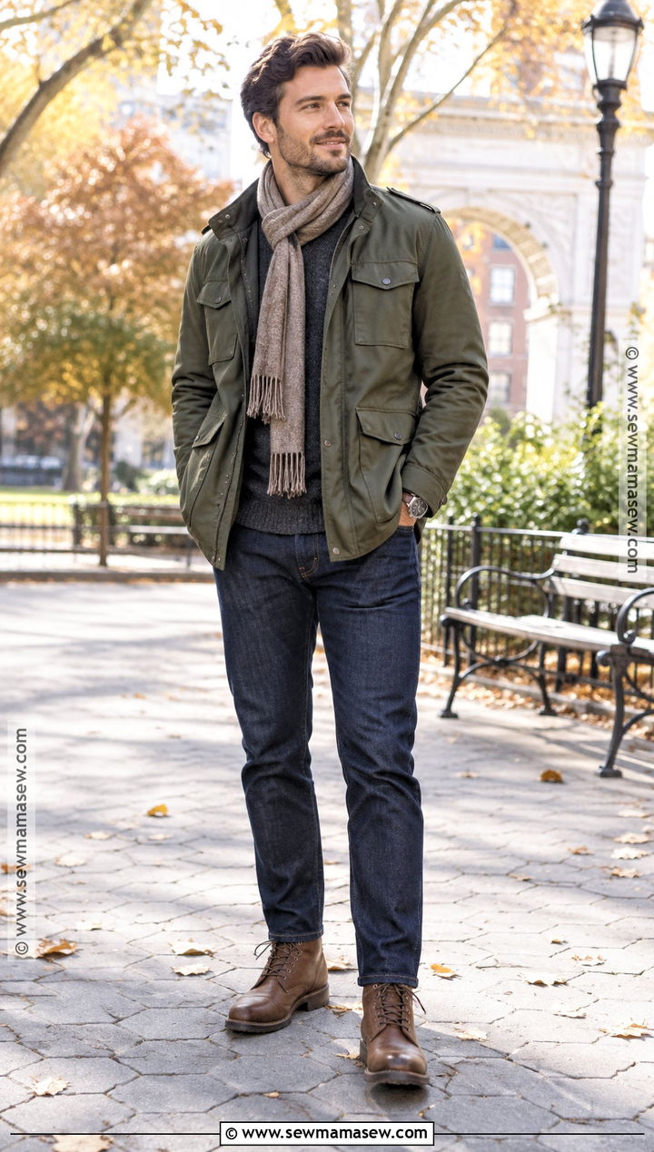 Olive Field Jacket With Dark Jeans - 20 men fall jacket ideas