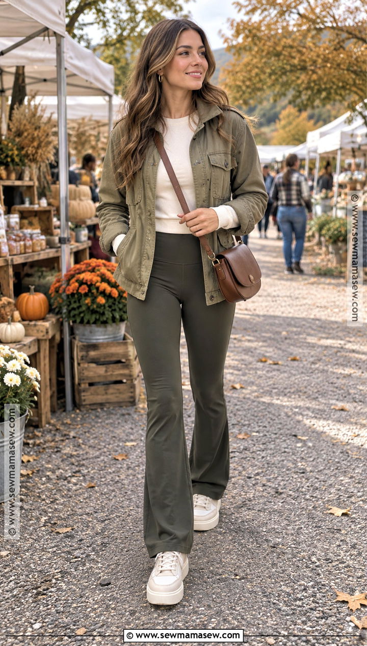 Olive Flared Leggings With Utility Jacket And Sneakers - 20 Flared Leggings Outfit Autumn