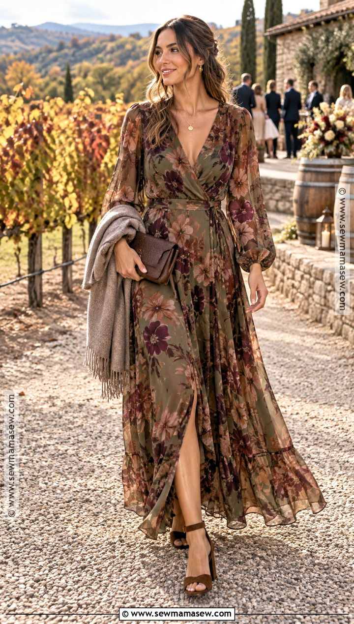 Olive Floral Maxi Dress Winery Wedding Outfit - 15 winery wedding outfit guest fall ideas