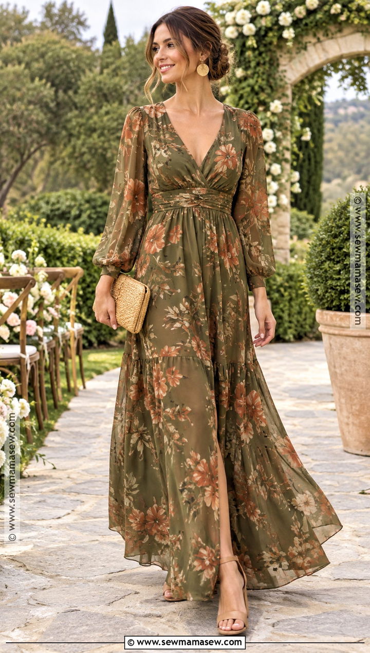 Olive Floral Maxi September Wedding Guest Outfit - 25 september wedding guest outfit ideas