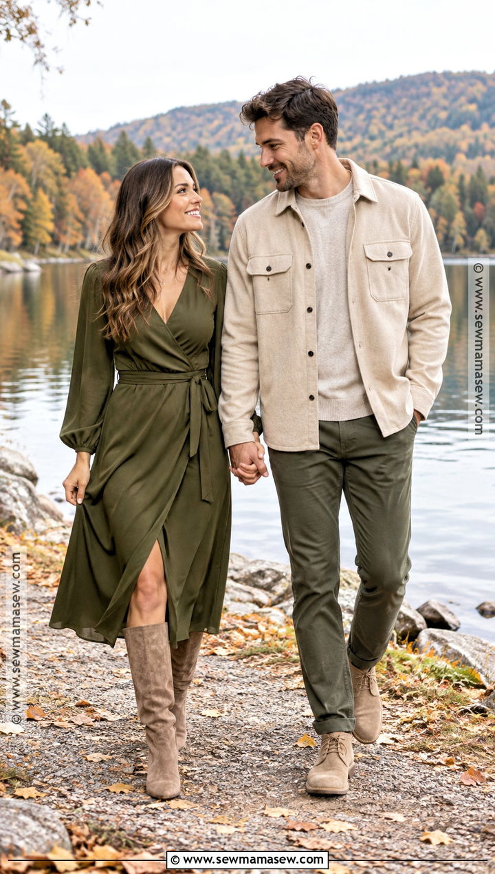 Olive Green And Beige Couples Fall Photoshoot Outfit - 25 couples fall photoshoot outfits