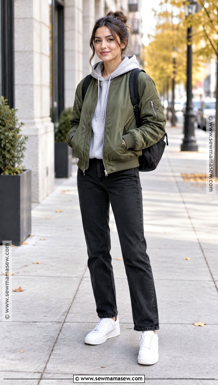 Olive Green Bomber Jacket With a Hoodie - 25 olive green fall outfits
