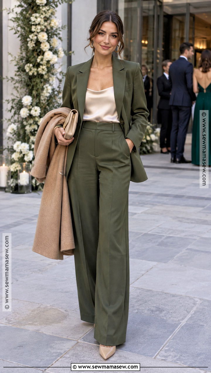 Olive Green Bridesmaid Suit Outfit - 15 autumn wedding party attire ideas