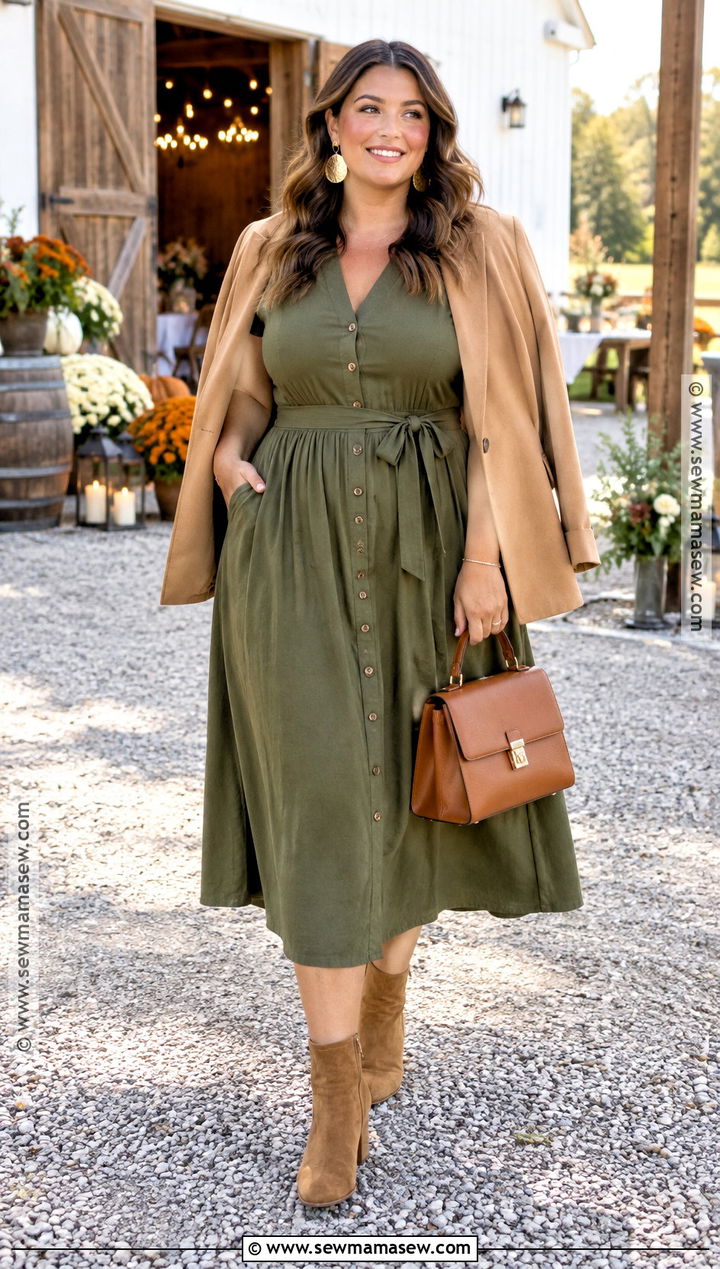 Olive Green Button Front Fall Wedding Guest Dress - 25 fall wedding guest dress ideas for plus size