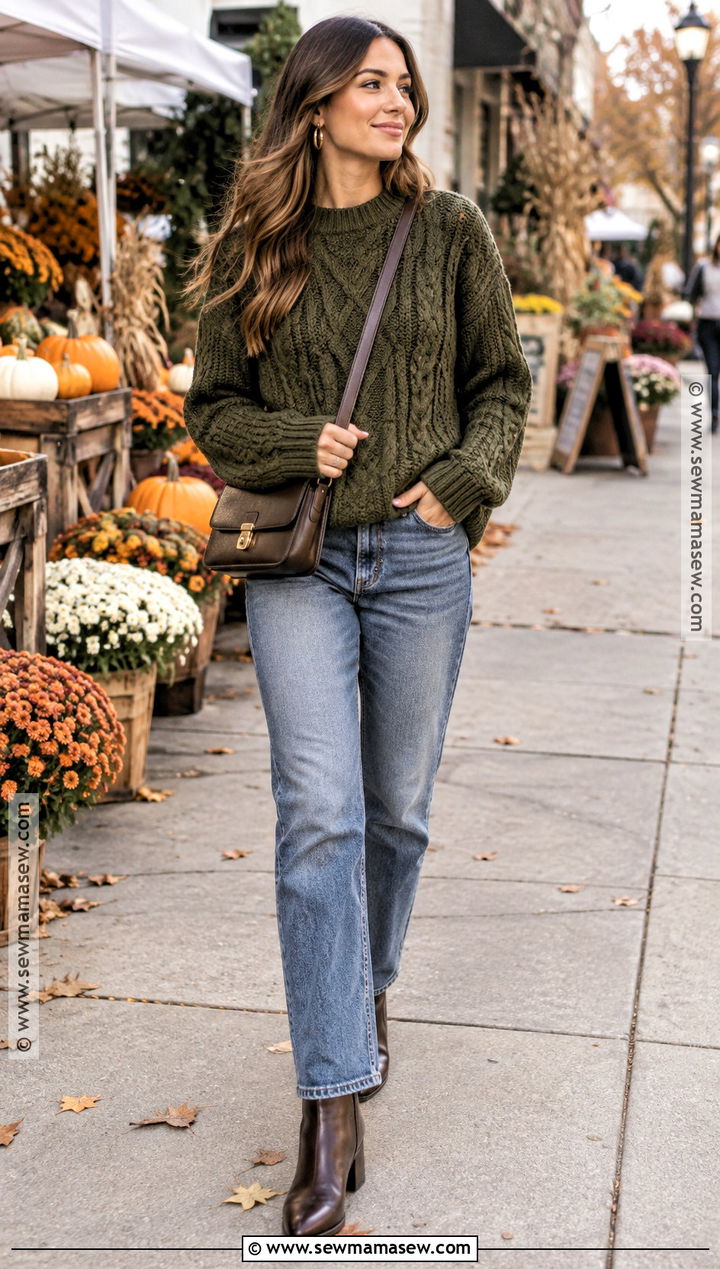 Olive Green Cable Knit Sweater With Straight Leg Jeans - 15 Fall Green Knitwear Ideas