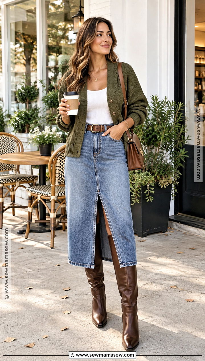 Olive Green Cardigan With a Denim Midi Skirt - 25 olive green fall outfits