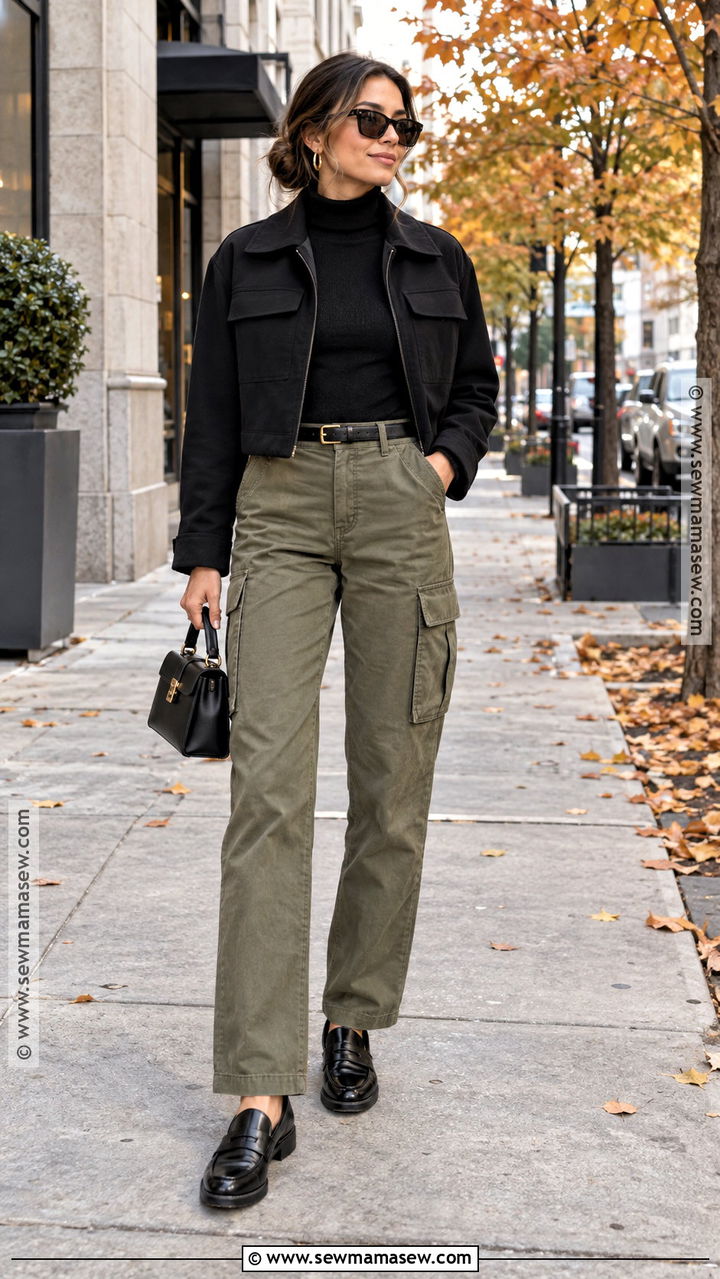 Olive Green Cargo Pants and Turtleneck Outfit - 20 Green Fall Outfits for Women