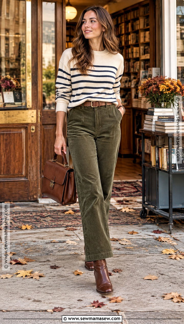 Olive Green Corduroy Pants With a Striped Sweater - 25 olive green fall outfits