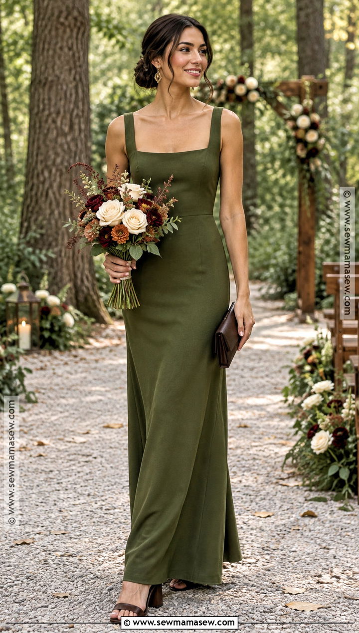 Olive Green Crepe Bridesmaid Dress With Brown Heels - 15 Moody Fall Bridesmaid Dresses