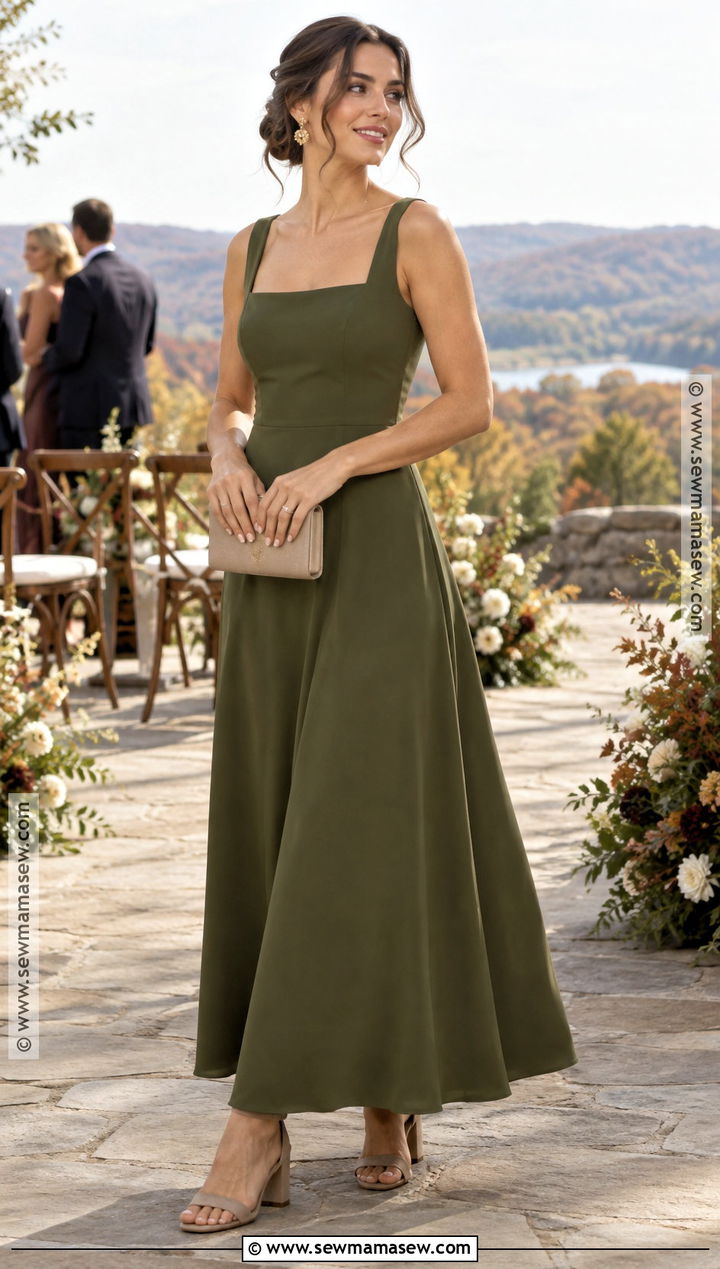 Olive Green Crepe Square Neck Bridesmaid Dress - 20 bridesmaid dresses autumn