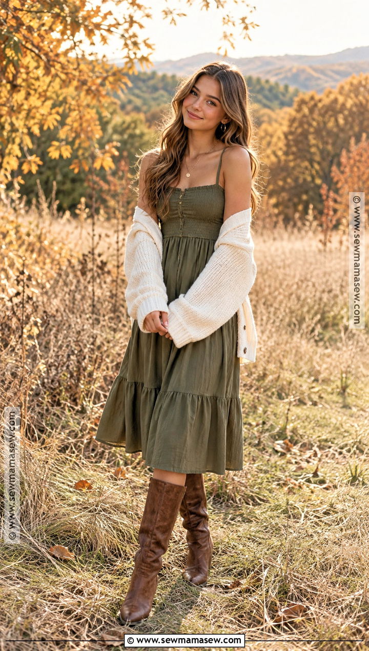 Olive Green Dress And Brown Boots Fall Senior Picture Outfit - 15 fall outfits for senior pictures photo shoot