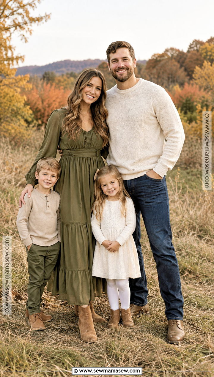 Olive Green Dress And Cream Sweater Family Outfit - 20 Fall Family Pictures Outfits Olive Green