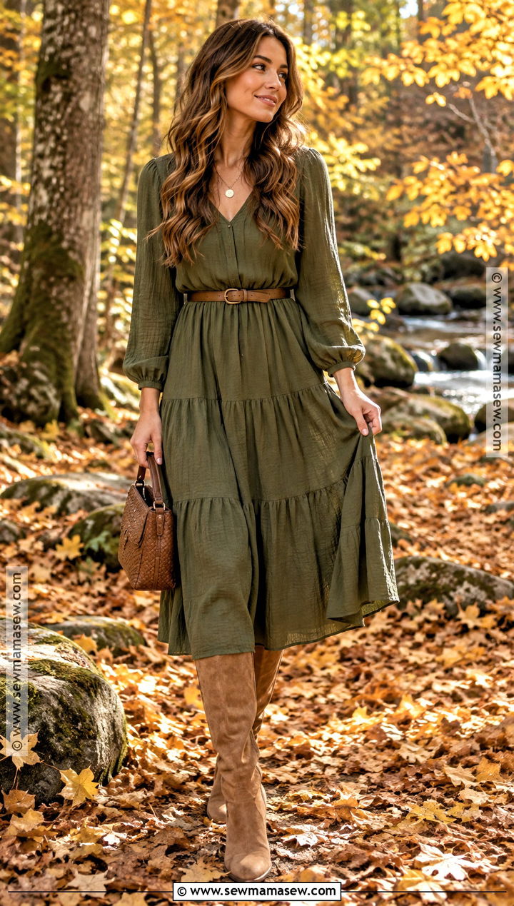Olive Green Dress And Suede Boots Outfit - 20 Autumn Photoshoot Outfits