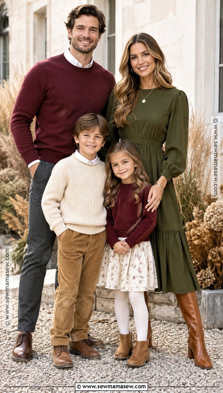 Olive Green Dress With Burgundy Family Outfits - 15 Green Dress Fall Family Photos Ideas