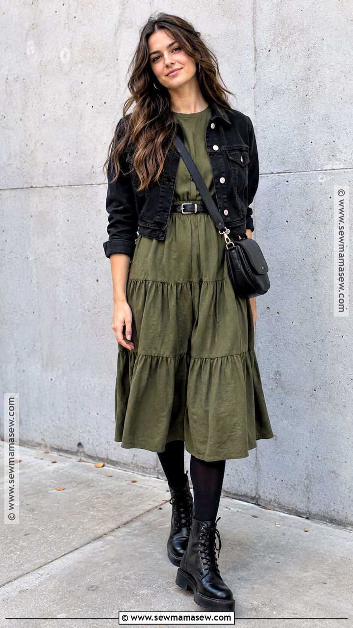 Olive Green Dress With Combat Boots - 20 Green Dress Fall Outfit Ideas