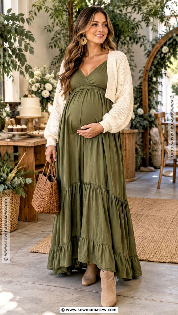 Olive Green Fall Baby Shower Maxi Dress - 25 fall baby shower dress ideas