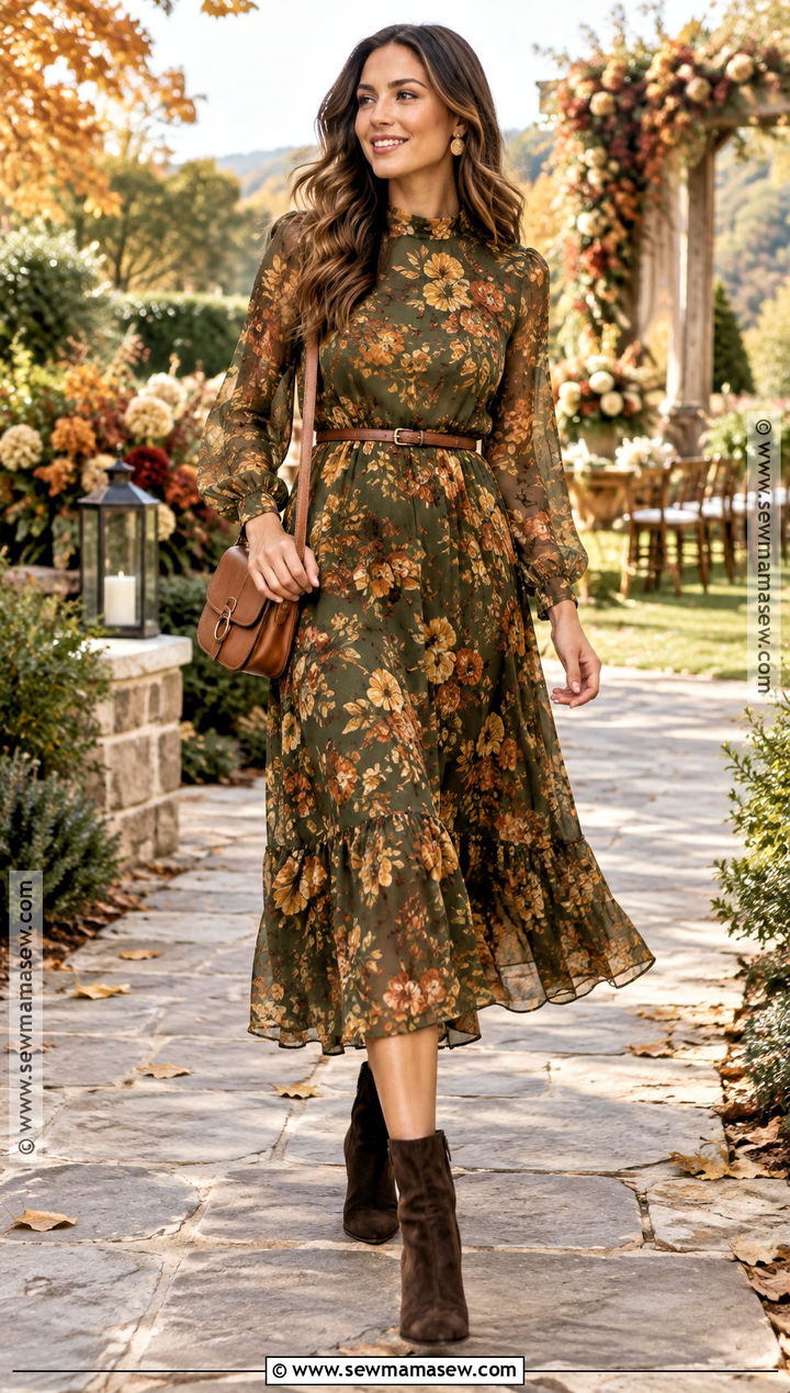 Olive Green Floral Fall Wedding Guest Dress - 20 fall wedding guest dress casual ideas