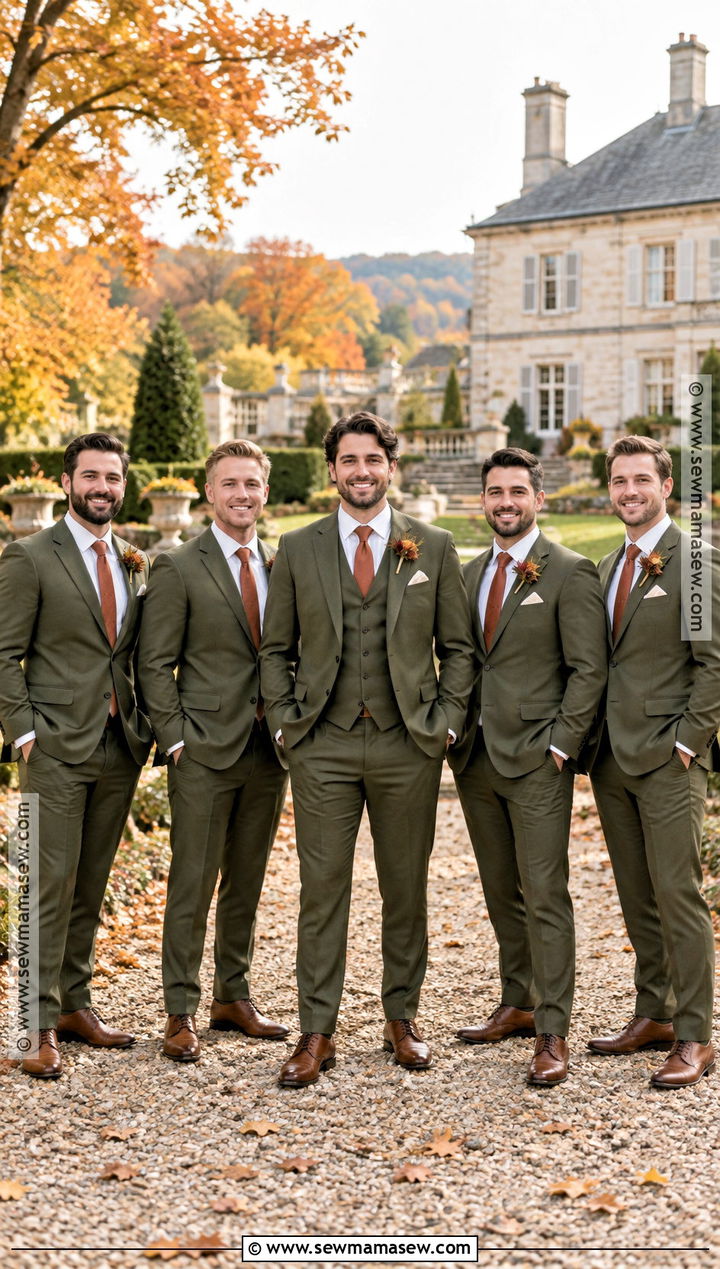 Olive Green Groom And Groomsmen Suits With Rust Ties - 15 groom and groomsmen attire fall wedding ideas