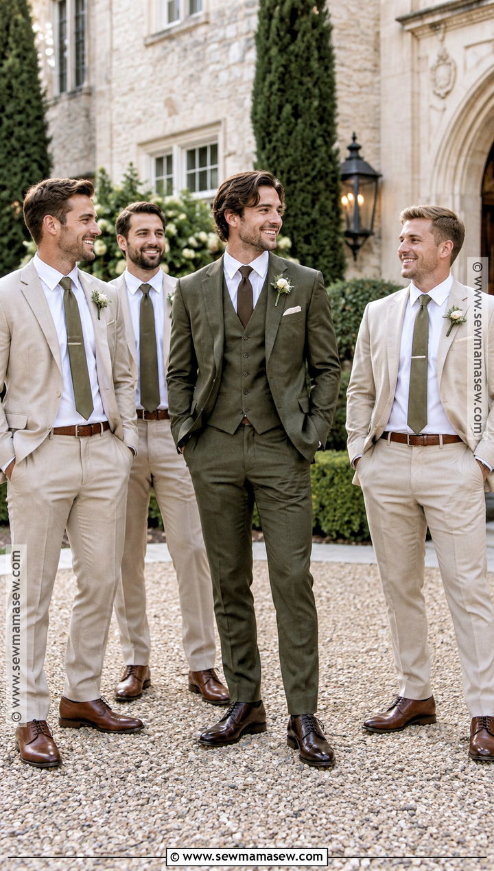 Olive Green Groom Suit With Beige Groomsmen Suits - 15 fall groom and groomsmen attire ideas