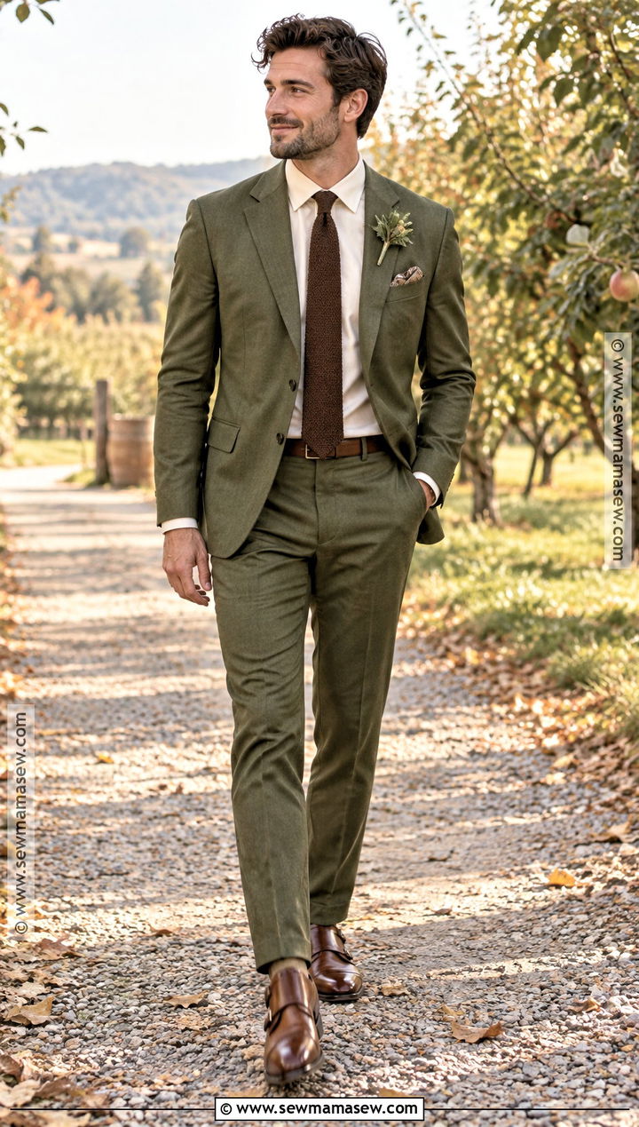 Olive Green Groom Suit - 15 fall wedding attire for groom ideas