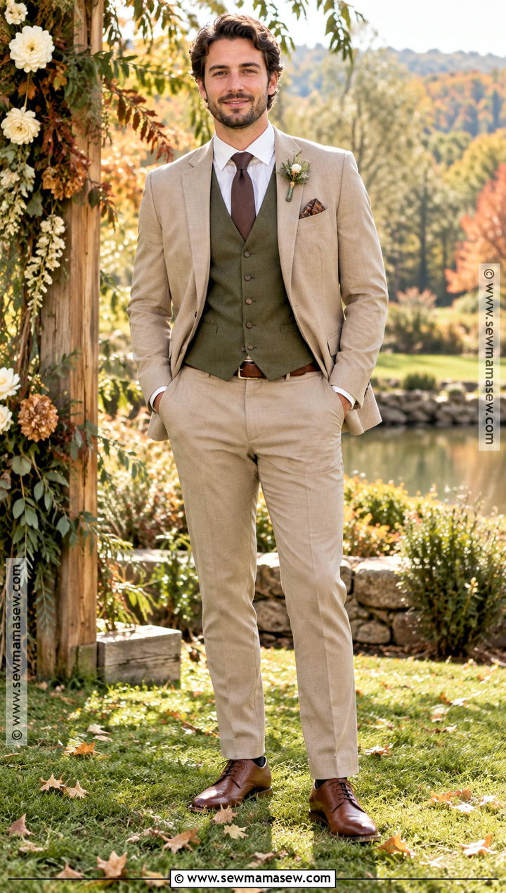 Olive Green Groom Vest With Tan Suit - 15 fall groom attire vest ideas