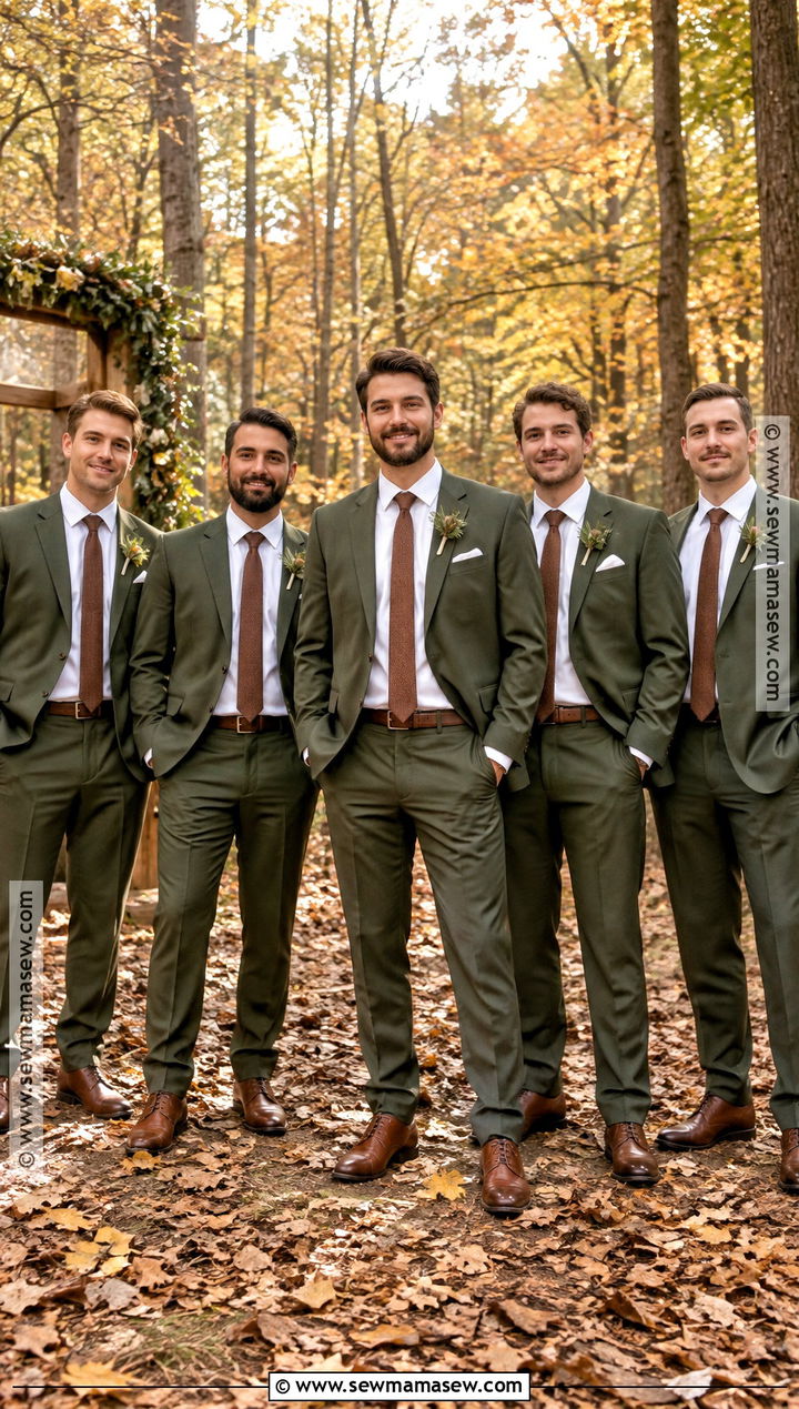 Olive Green Groomsmen Suit With Brown Shoes - 15 groomsmen attire for fall wedding ideas