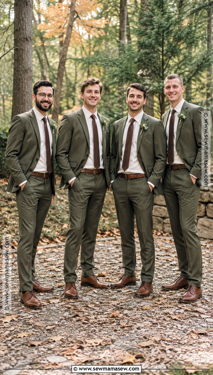 Olive Green Groomsmen Suit With Brown Shoes - 15 groomsmen outfits fall wedding