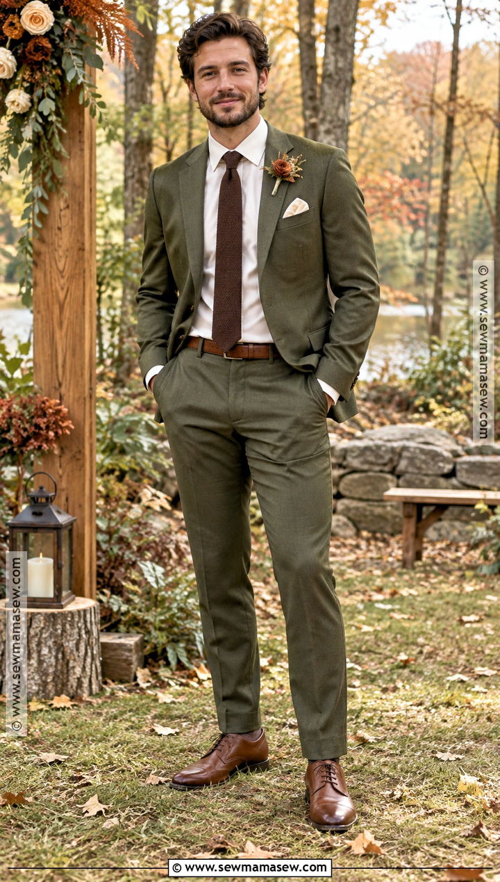 Olive Green Groomsmen Suit With Brown Shoes - 15 fall wedding party attire groomsmen ideas