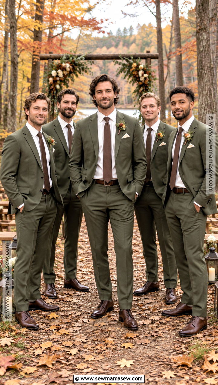 Olive Green Groomsmen Suits With Brown Shoes - 15 groomsmen attire autumn wedding ideas