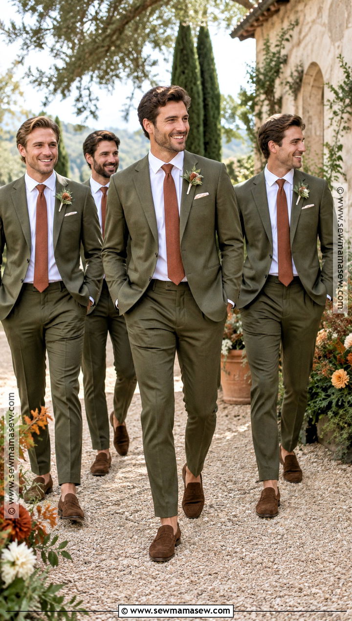 Olive Green Groomsmen Suits for a Fall Wedding - 20 groomsmen attire fall wedding ideas