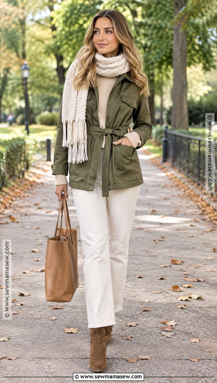 Olive Green Jacket And Cream Jeans Outfit - 15 fashion colors fall winter ideas 2026