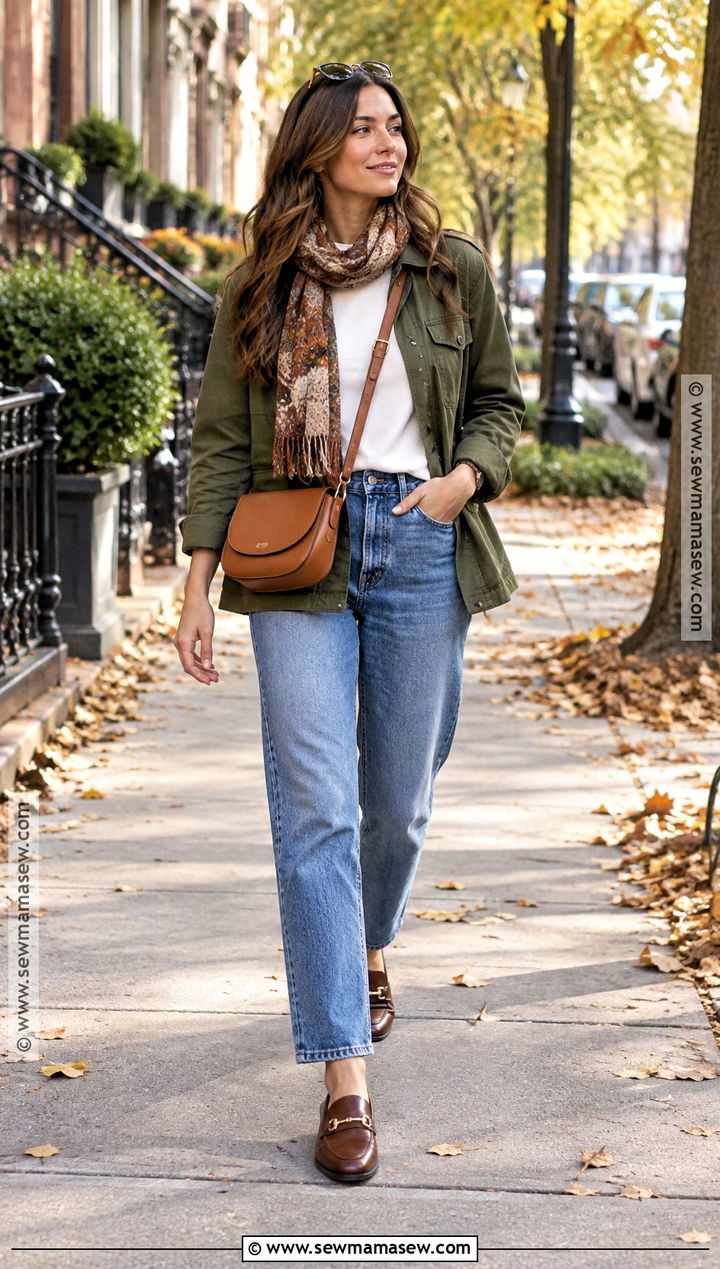 Olive Green Jacket and Blue Jeans Outfit - 15 fashion colors fall ideas 2026