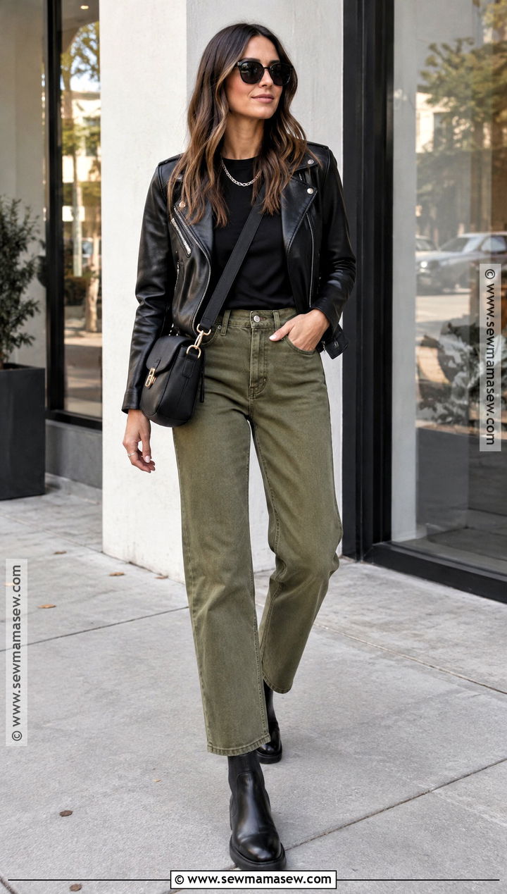 Olive Green Jeans With Black Tee and Leather Jacket - 20 green pants fall outfit