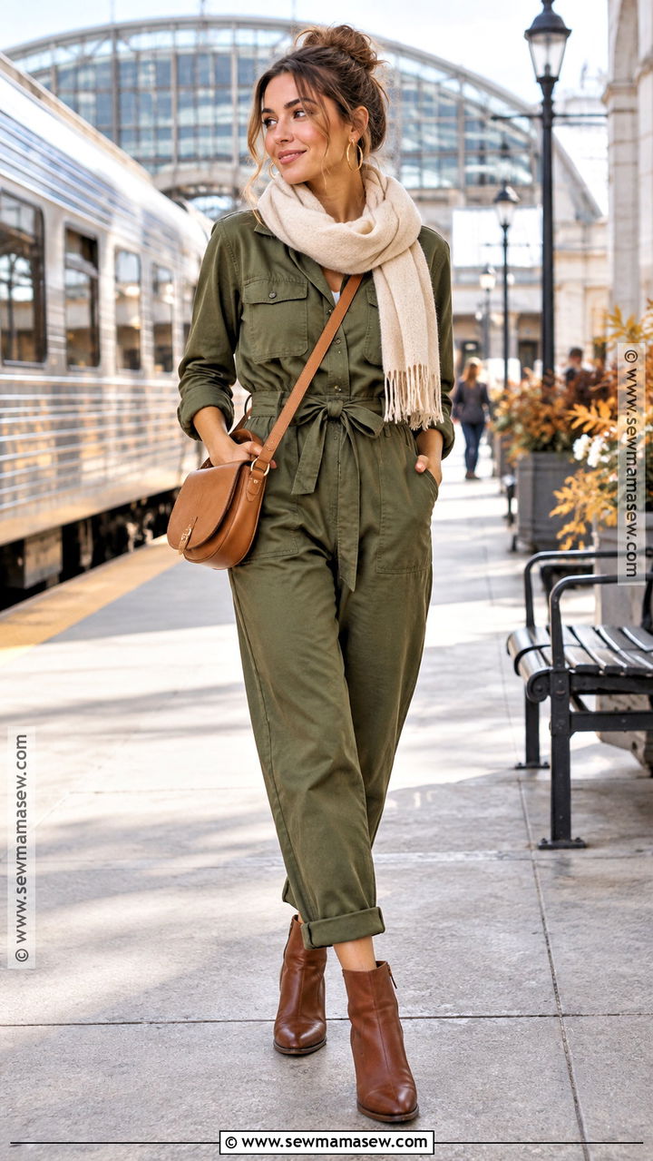 Olive Green Jumpsuit With Brown Boots - 20 autumn green outfit ideas