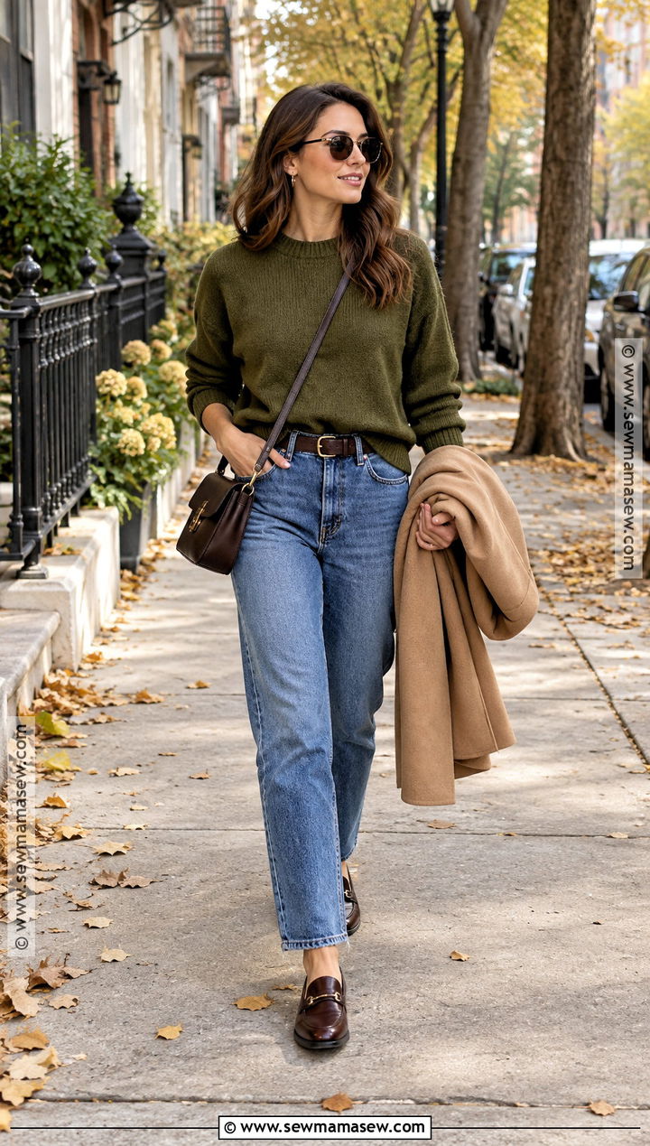 Olive Green Knitwear With Straight Leg Jeans - 15 Autumn Green Knitwear Ideas