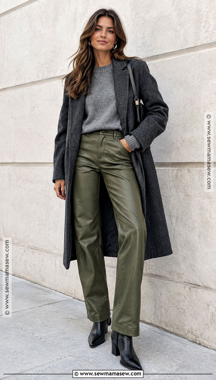 Olive Green Leather Pants With Gray Sweater and Boots - 20 green pants fall outfit
