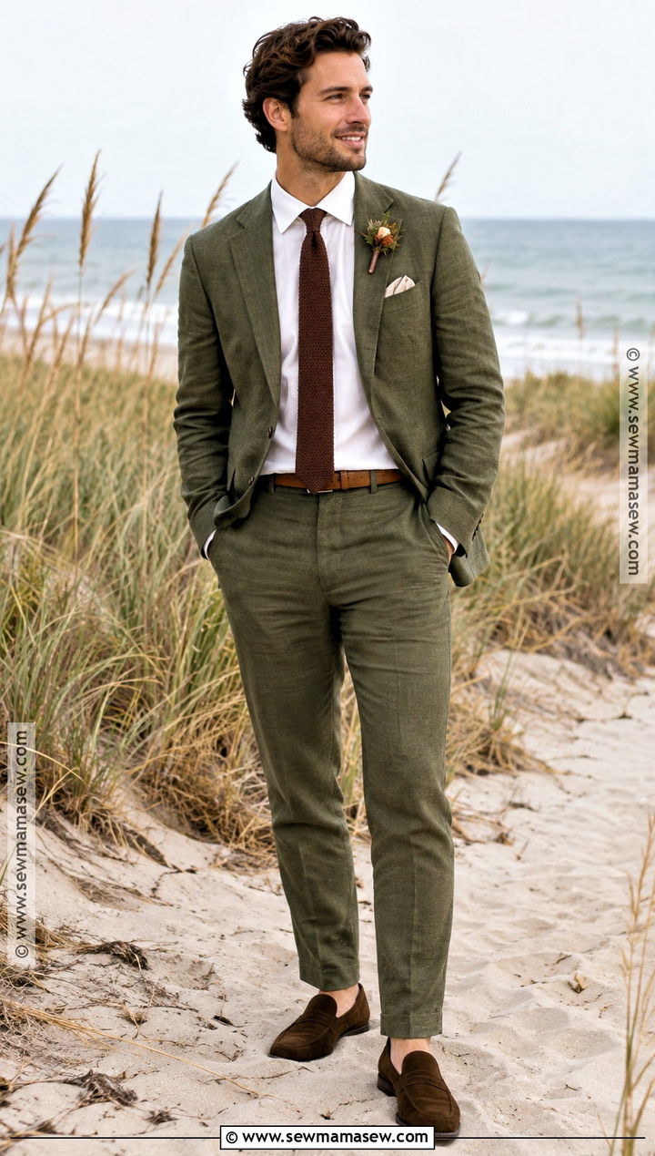Olive Green Linen Suit For A Fall Beach Wedding - 15 fall beach wedding groom attire ideas