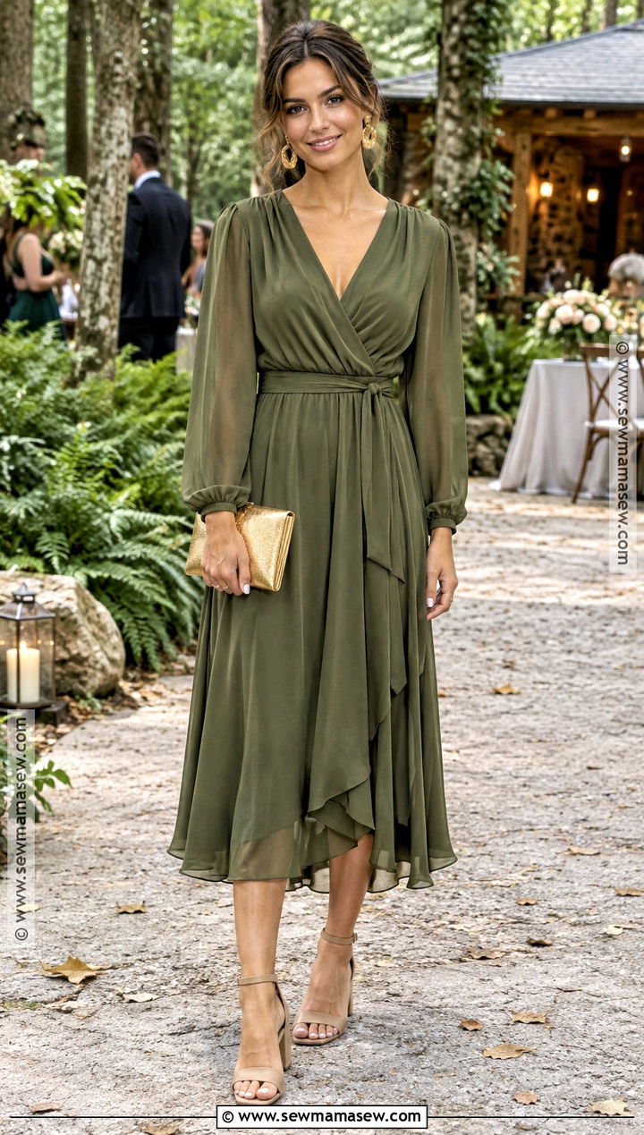 Olive Green Long Sleeve September Wedding Guest Dress - 25 september wedding guest dress ideas