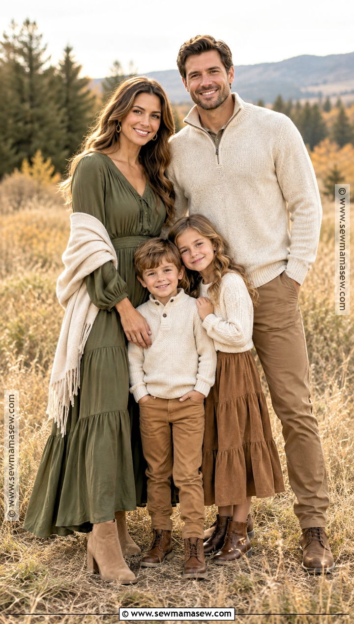 Olive Green Maxi Dress With Cream Family Outfits - 15 Green Dress Fall Family Photos Ideas